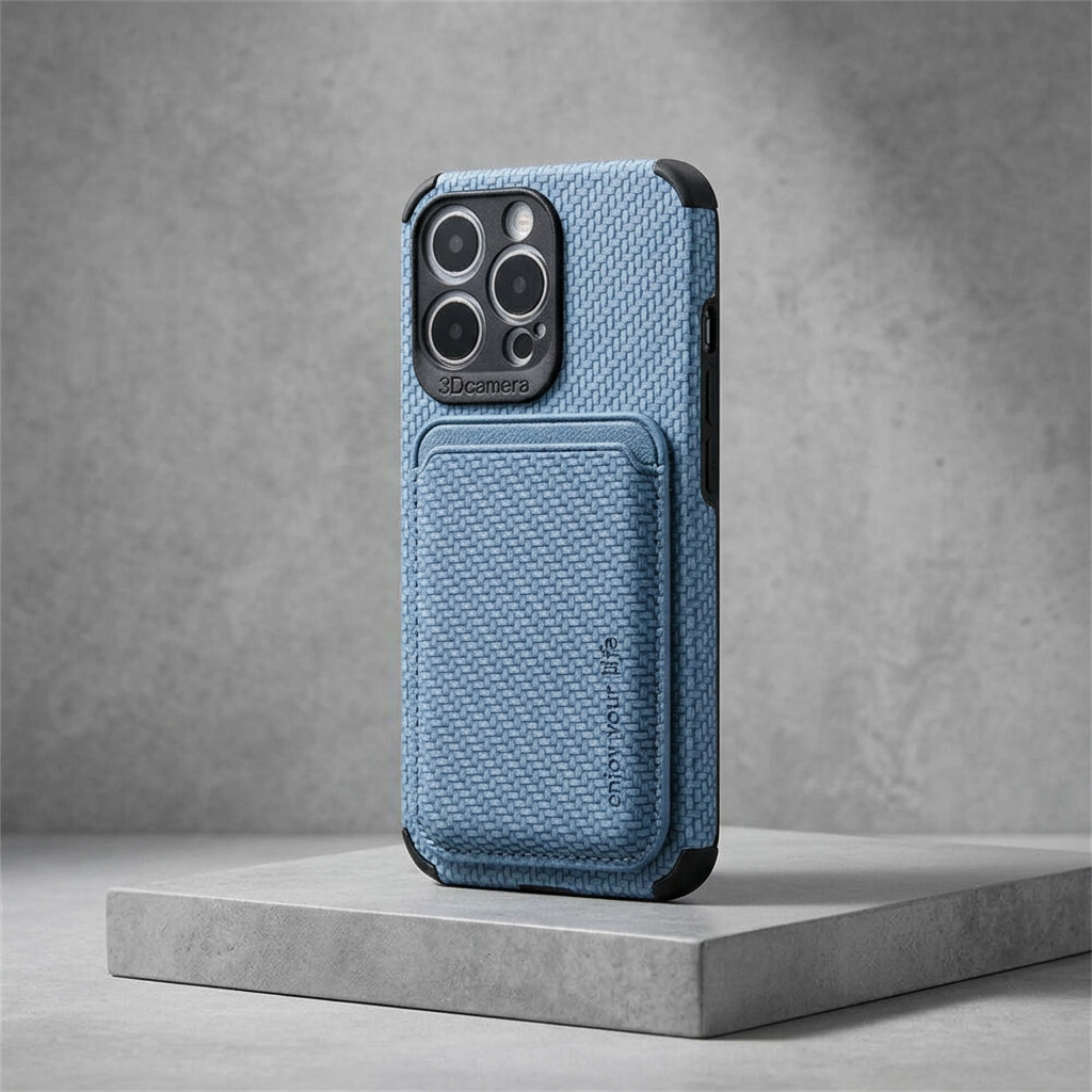 Blue woven-texture case with card pocket and black corner bumpers, resting on a gray slab 5
