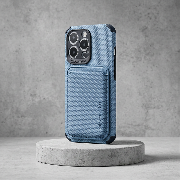Light blue textured case with card pocket standing upright on a round concrete pedestal 4