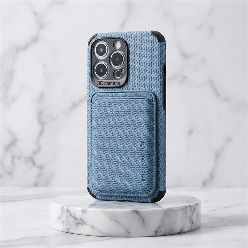Blue woven-texture phone case with card pocket standing upright on a round marble stand 5