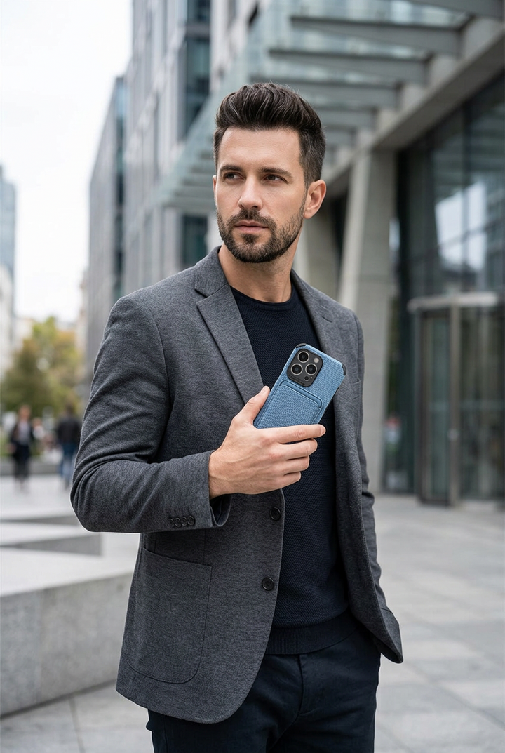 Man in a gray blazer holds a blue wallet phone case outside a modern glass building 1
