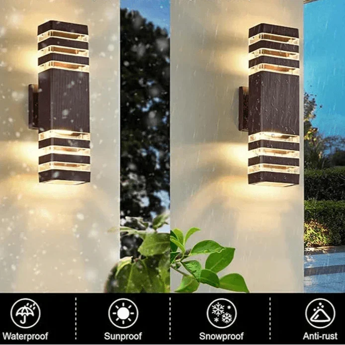 Black wall sconce detail showing rain and snow protection icons.