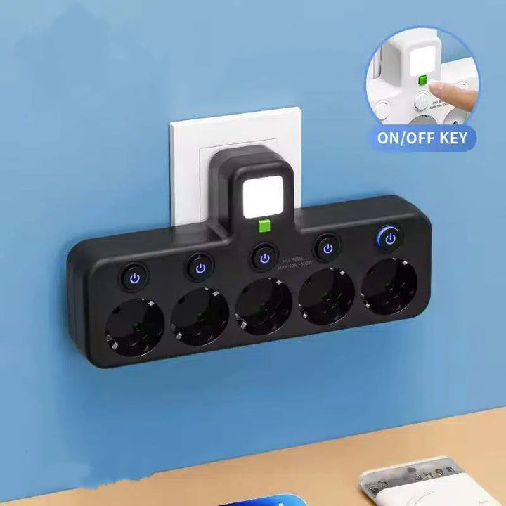 Black wall-mounted power strip with five outlets, each with a lit switch, and a night light on top, with an inset showing the on/off key and a phone below. 27