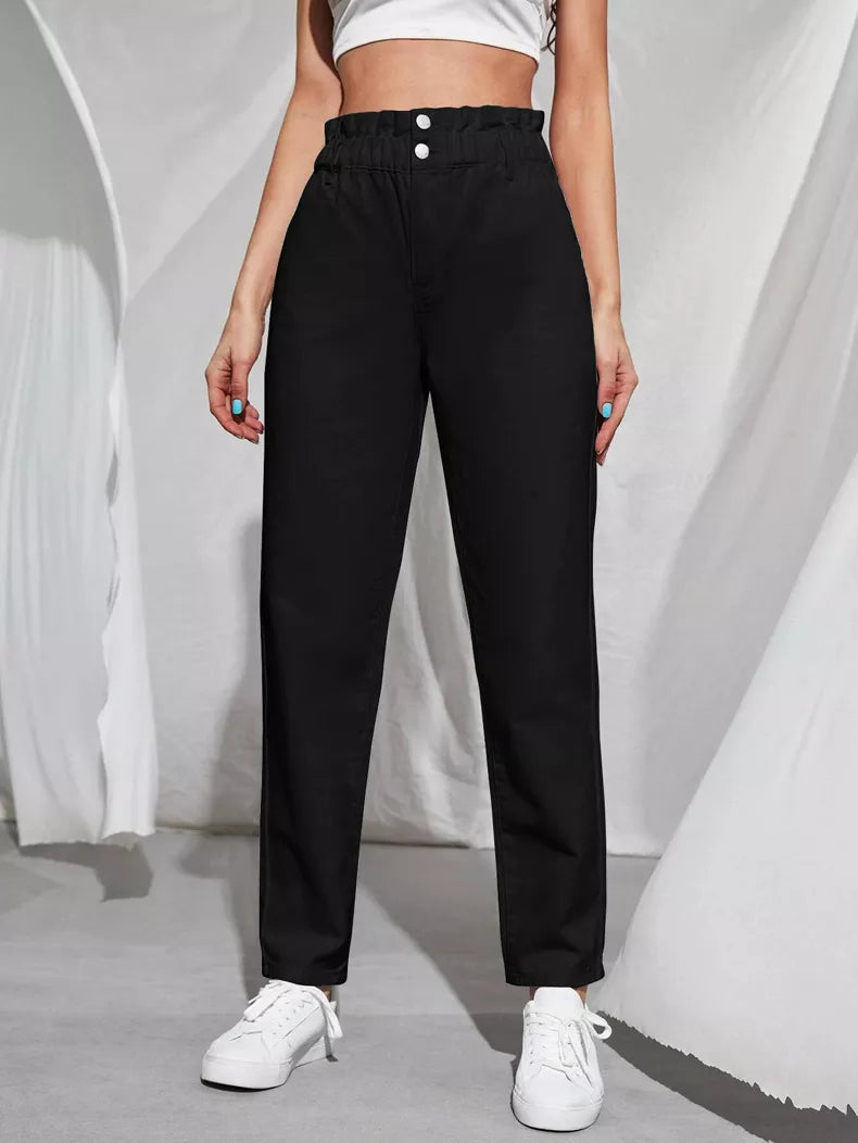 Schwarze High-Waist-Hose Damen, elastischer Bund, lässig, Baumwolle, Mode, bequem.