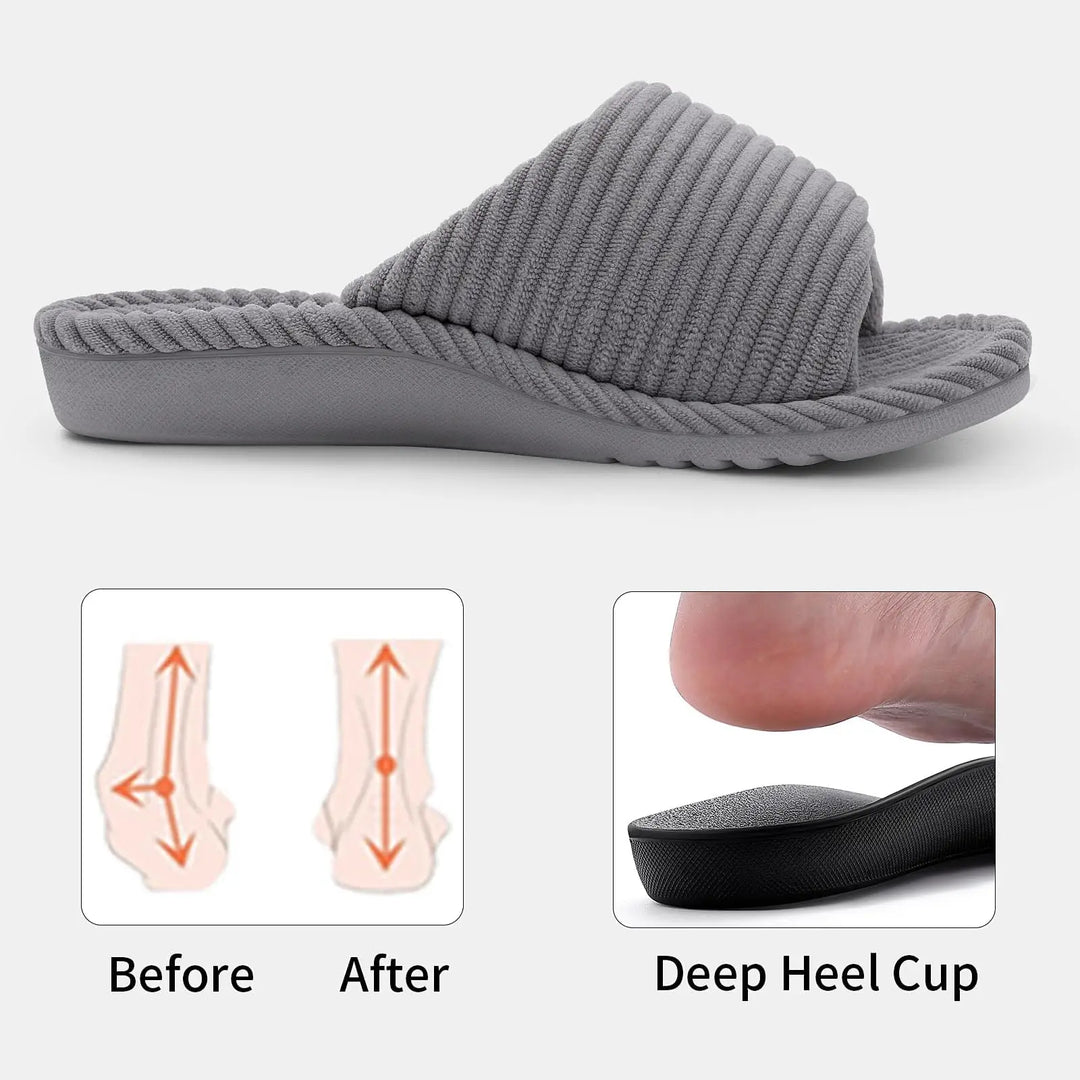 Side profile of a gray corduroy slipper above two small diagrams comparing foot alignment and showing a deep heel cup.