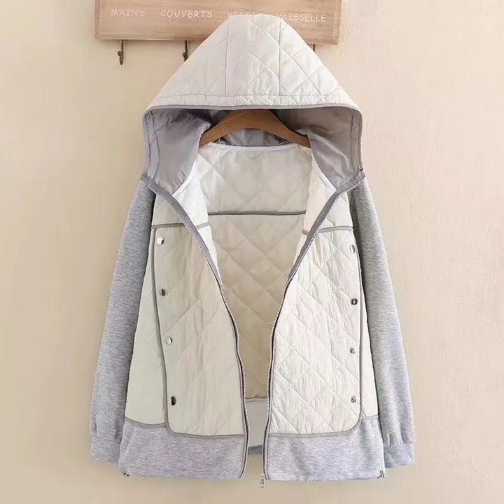 Damen Kapuzenjacke, grau-weiß, gesteppt, Reißverschluss, Freizeitmode, Herbst-Winter.
