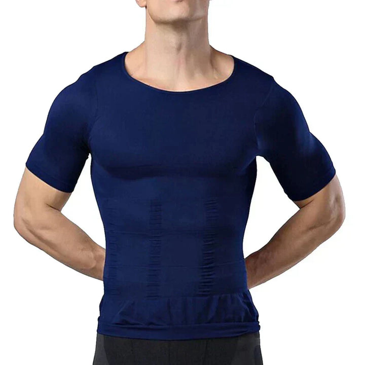Model wearing the navy blue compression top with hands on hips, showing the snug fit and abdominal shaping lines. 7