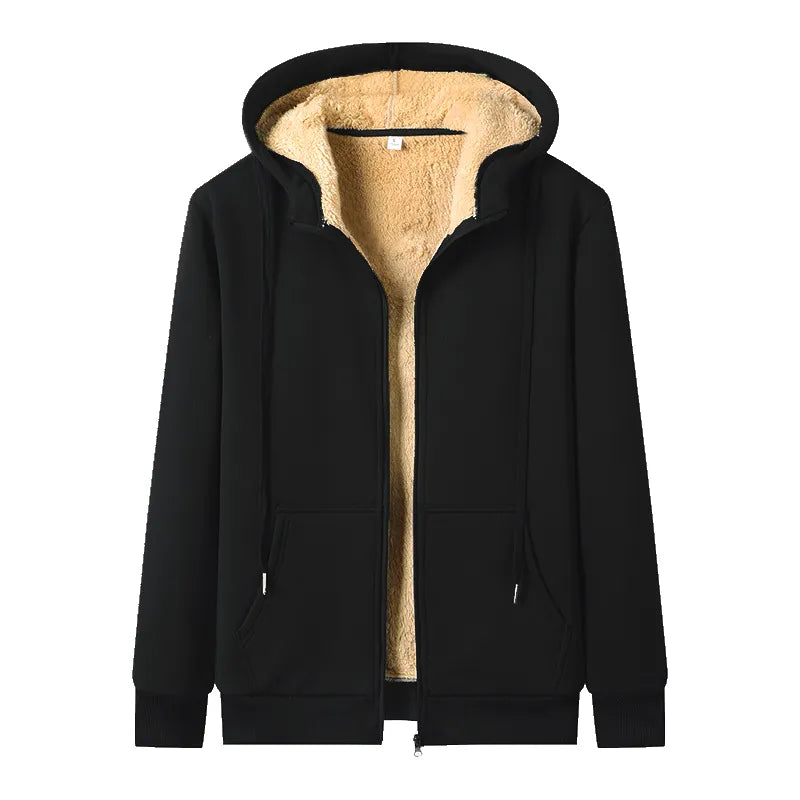 Schwarze Kapuzenjacke mit beigem Fleecefutter, Reißverschluss, Unisex, warm, modisch.