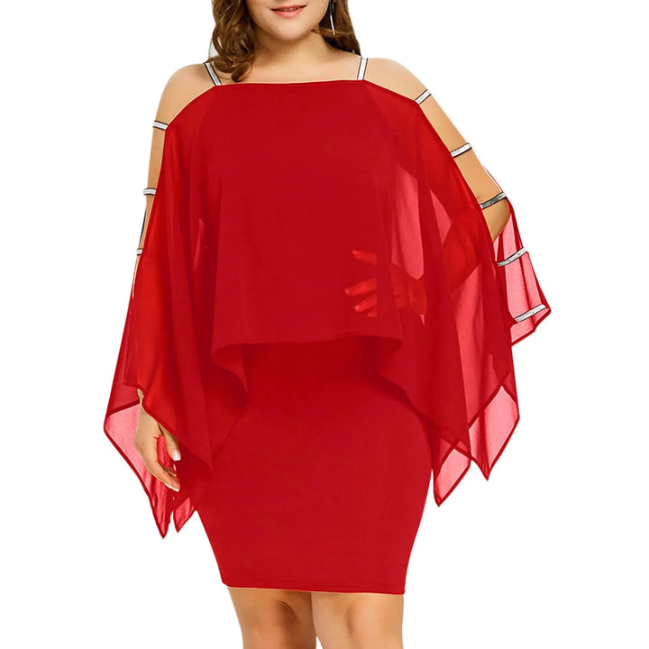 Rotes Damenkleid mit Cape-Ärmeln, schulterfrei, elegant, Plus Size, Abendmode.
