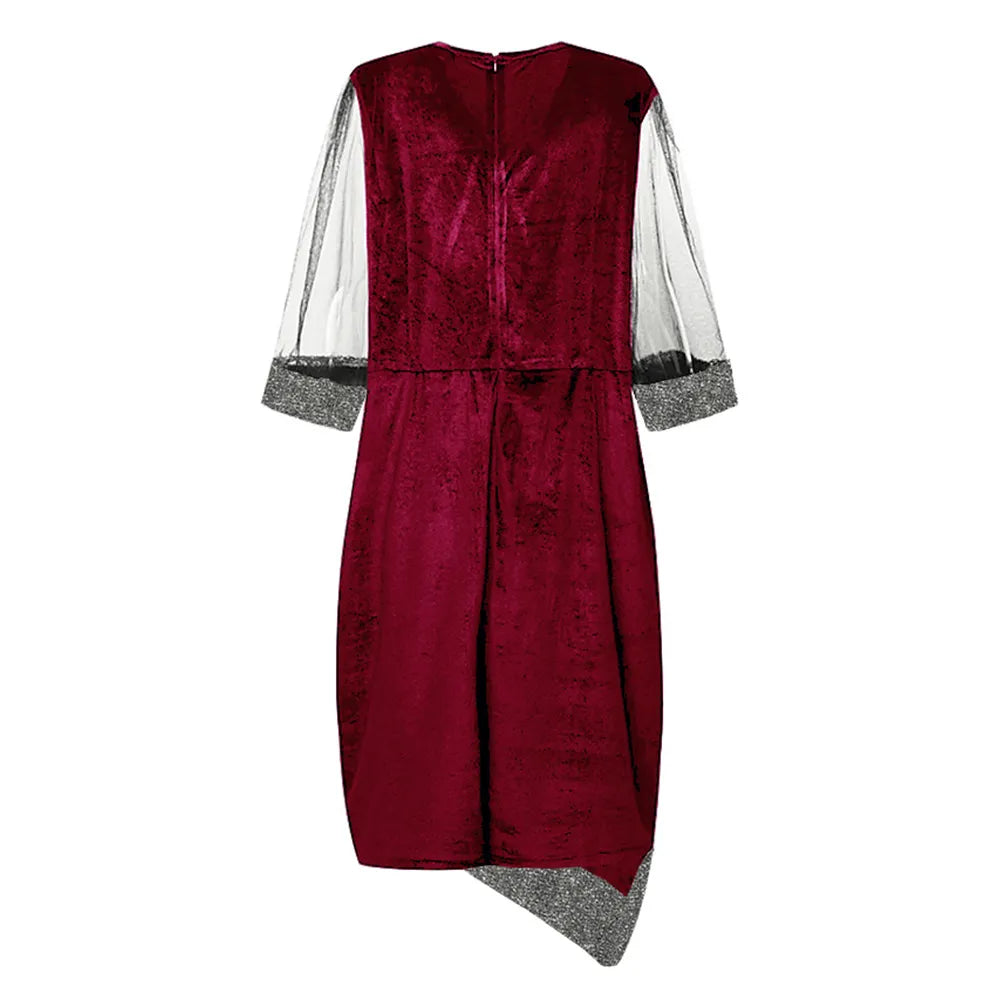 Bordeauxrotes Samtkleid mit transparenten Ärmeln und Glitzerbündchen, elegantes Abendkleid.