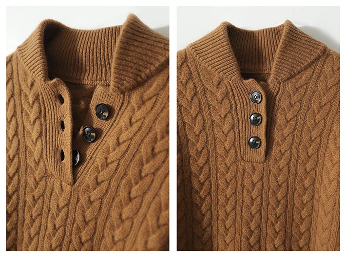 Two close-ups of the caramel brown sweater's collar and three-button placket, showing the ribbed collar and cable-knit texture. 18
