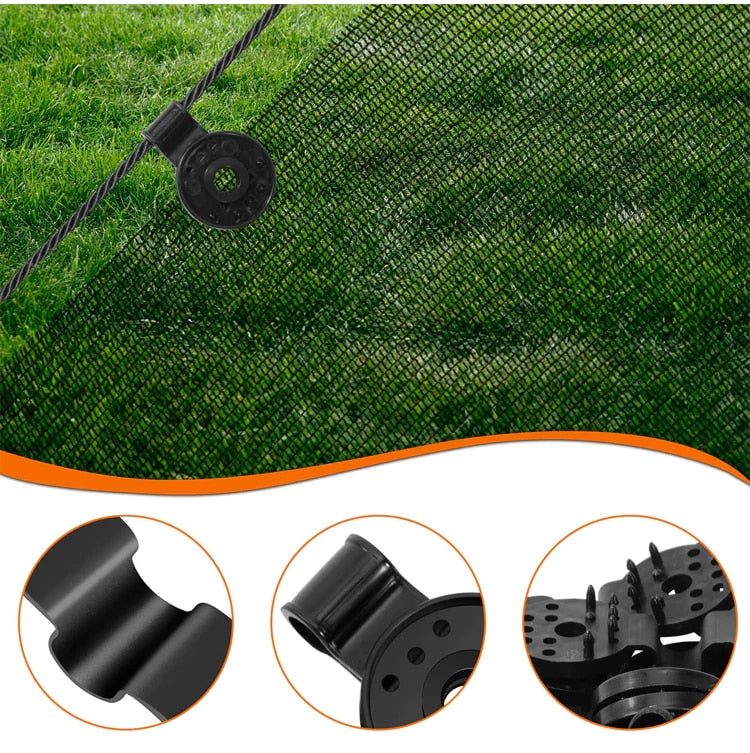 Black clip secures dark green shade cloth to a twisted rope over grass, with close-ups of the curved neck, side and spikes.