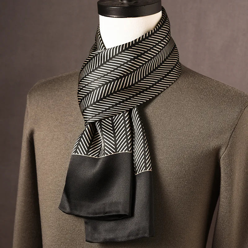 Men's black and cream silk scarf with herringbone stripes and a wide solid black end