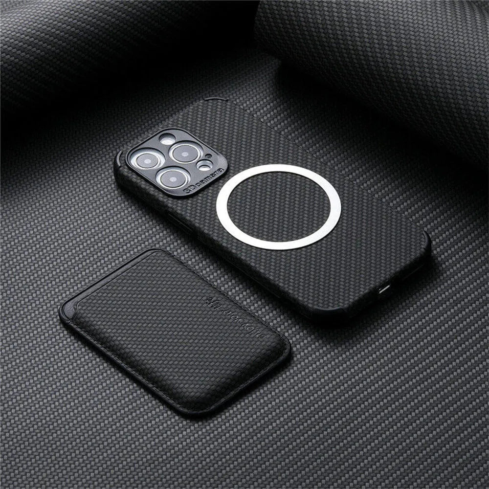 Black woven-texture case showing its round magnetic ring, with the detached card wallet lying beside it 2