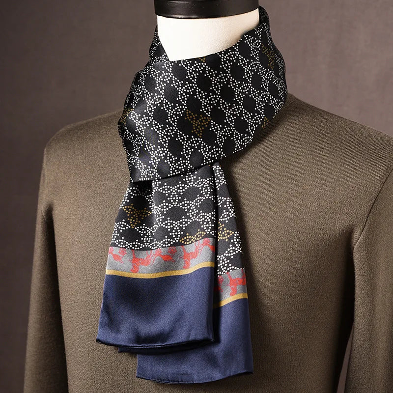 Men's black silk scarf with white dotted curves, small red deer motifs along a gray band and a solid navy end