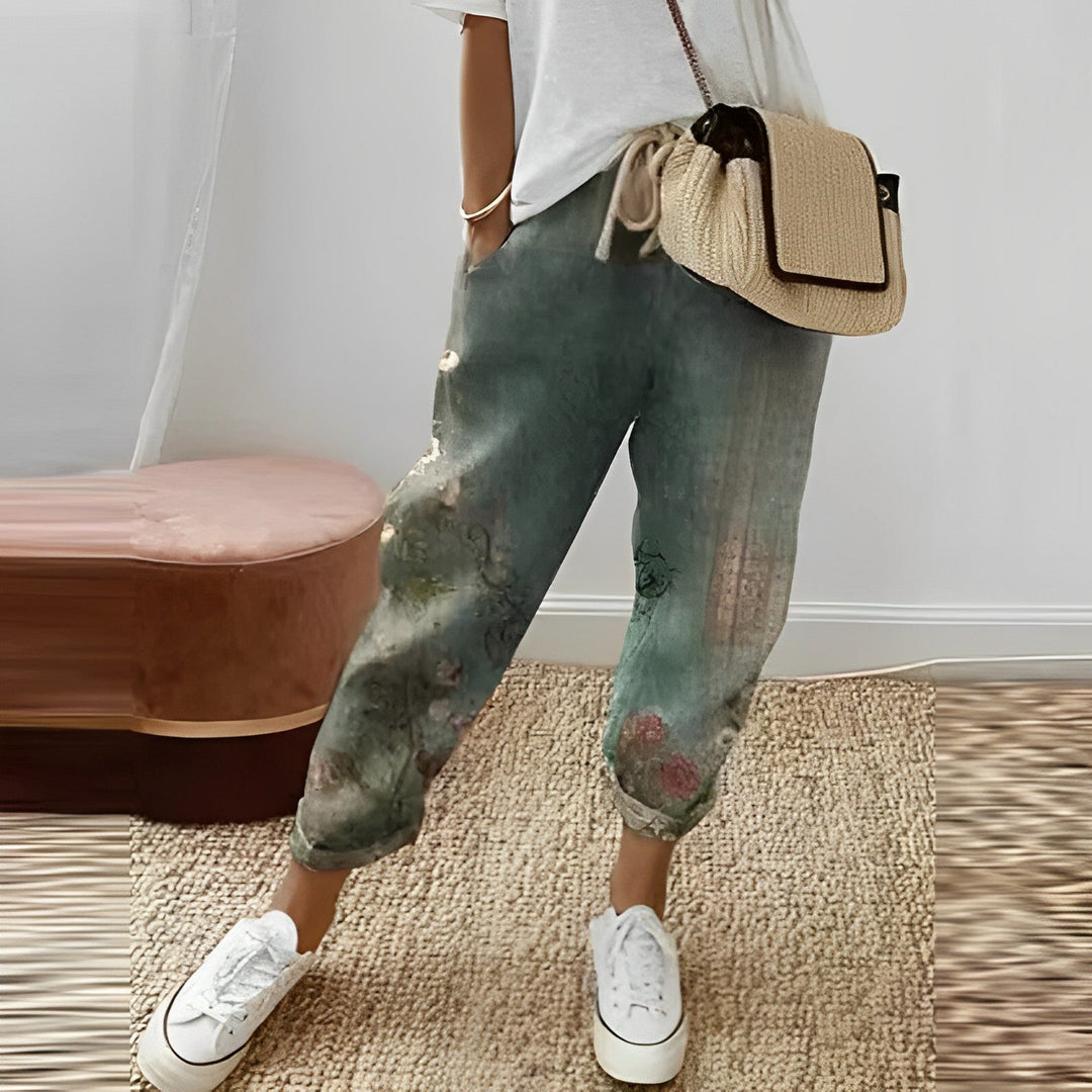 Boho women's trousers with leaf pattern – Selina