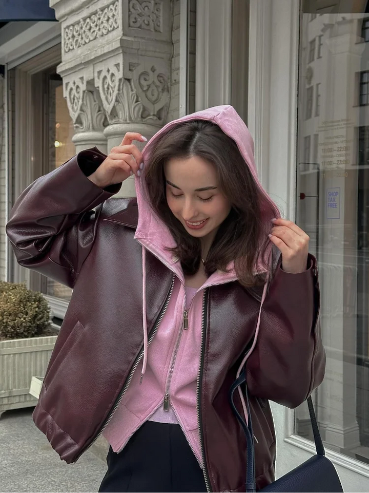 Brown Leather Ladies Jacket with Notched Collar – Giulia