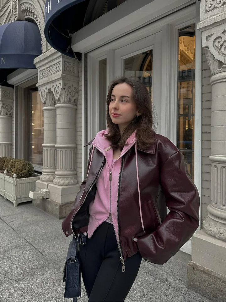 Brown Leather Ladies Jacket with Notched Collar – Giulia