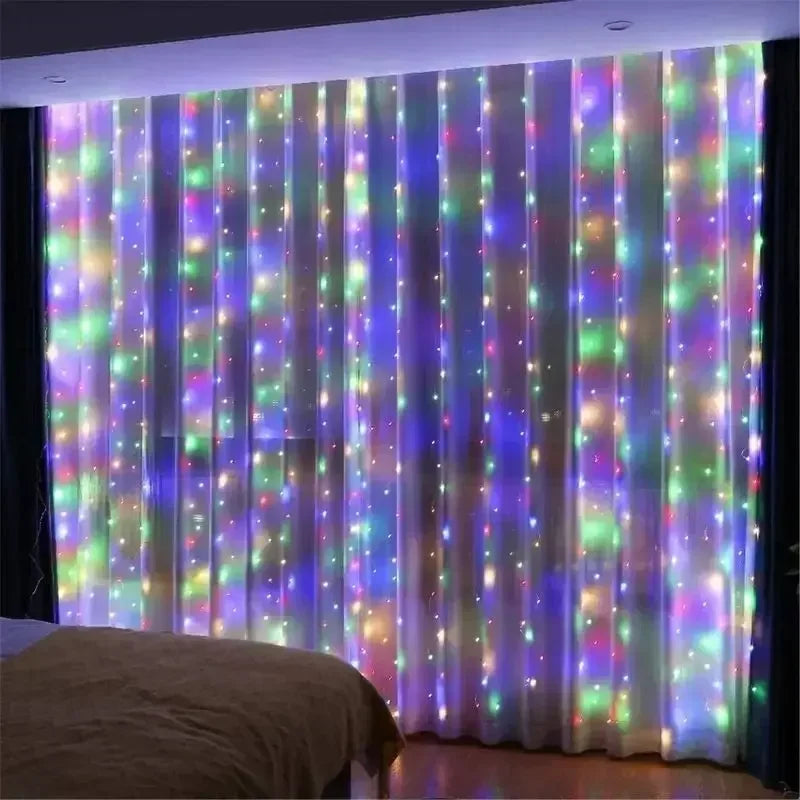 Multicolor curtain lights in red, green, blue and yellow glowing across sheer curtains in a dim bedroom. 9
