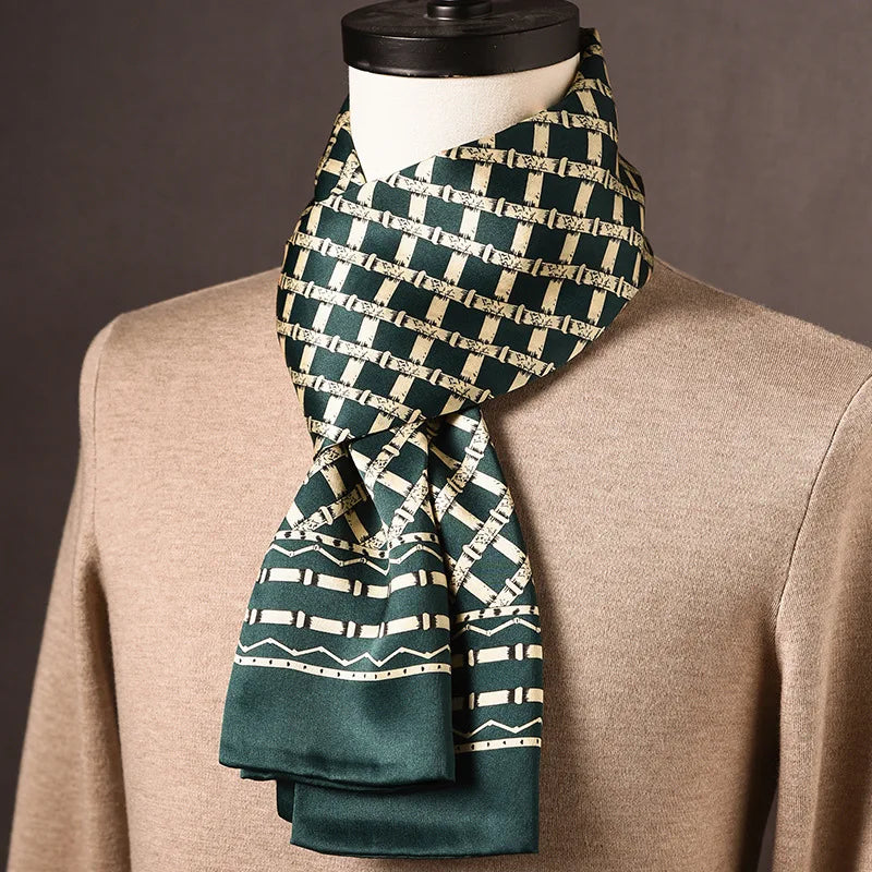 Men's dark green silk scarf with a cream lattice pattern resembling bamboo and a striped border