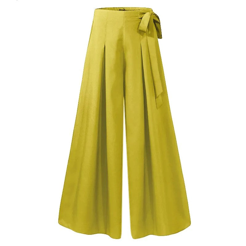 Weite gelbe Damenhose mit hoher Taille und Schleife, modische Sommerbekleidung.