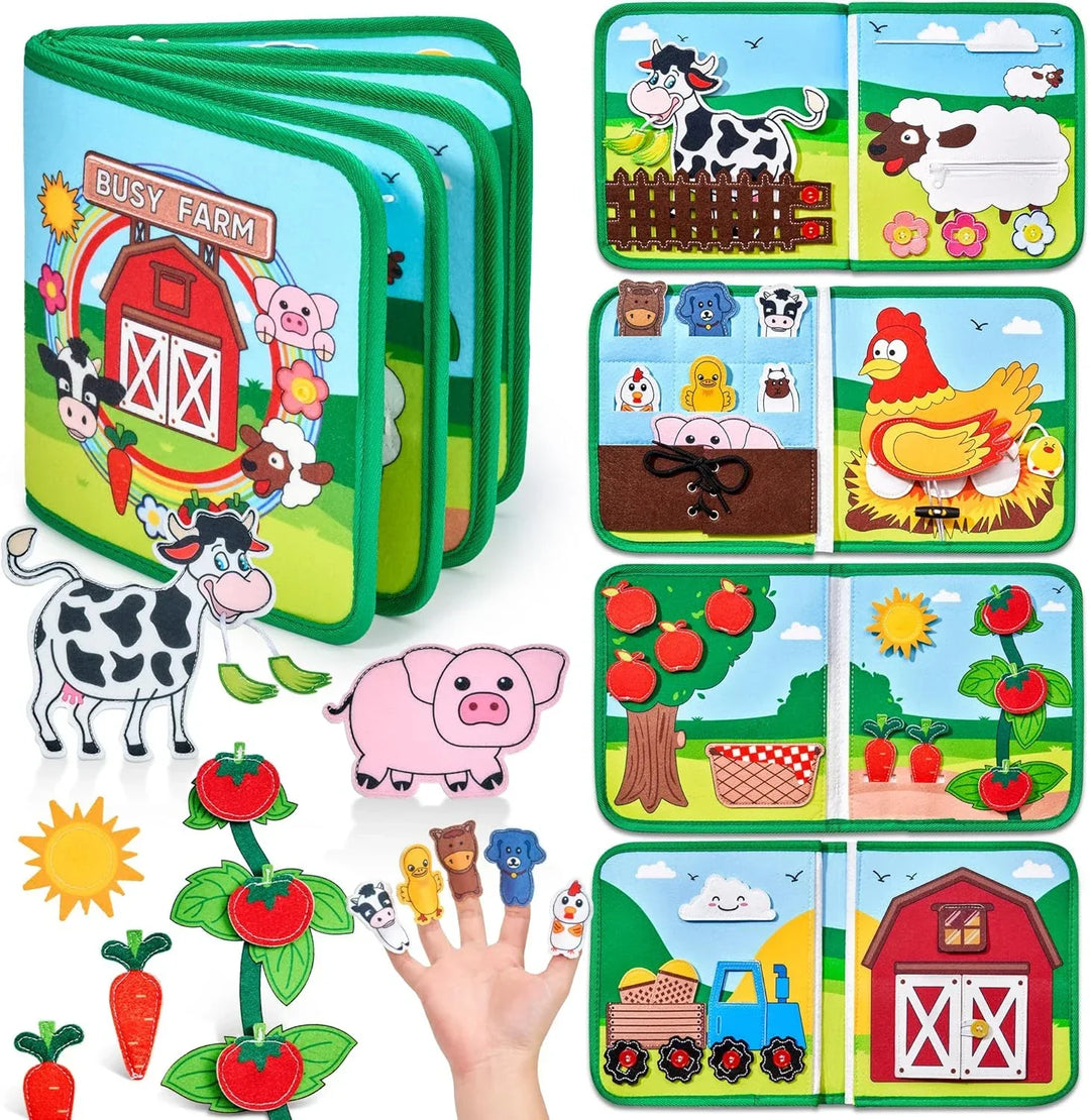 Green-bound farm-themed felt activity book closed, beside its open spreads and loose cow, pig, tomatoes, carrots, sun and finger puppets.