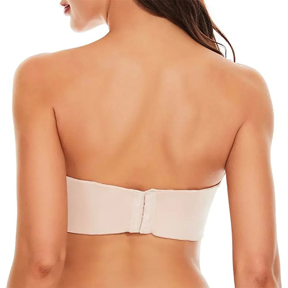 Damen trägerloser BH, hautfarben, nahtlos, Rückenansicht, ideal für schulterfreie Kleidung.