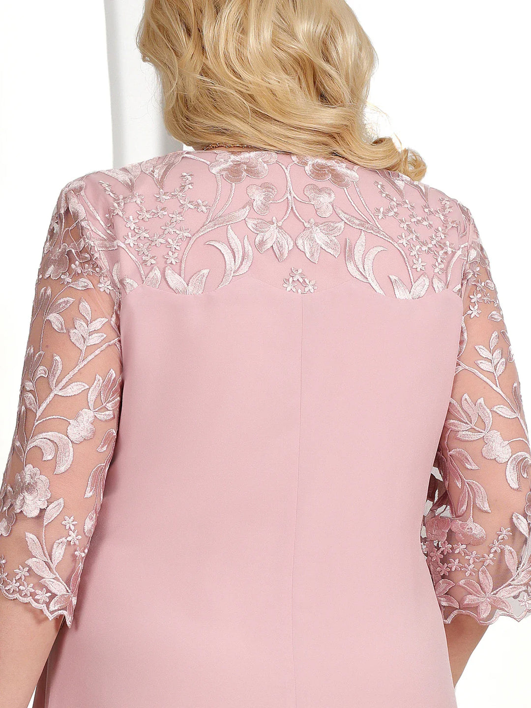 Damenkleid rosa, Spitze, florales Muster, elegante Abendmode, halblange Ärmel, festlich