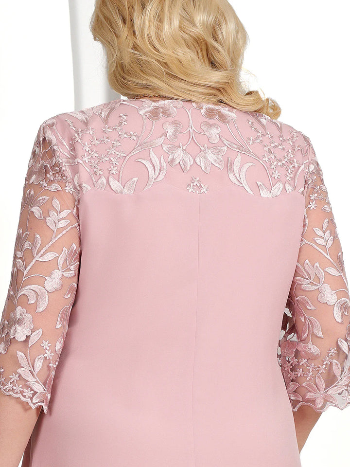Damenkleid rosa, Spitze, florales Muster, elegante Abendmode, halblange Ärmel, festlich