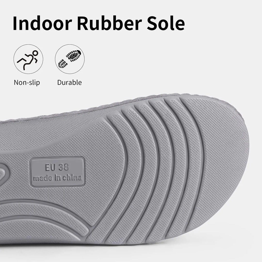 Close-up of the gray non-slip rubber outsole with curved tread grooves, a size stamp, and small non-slip and durable icons.