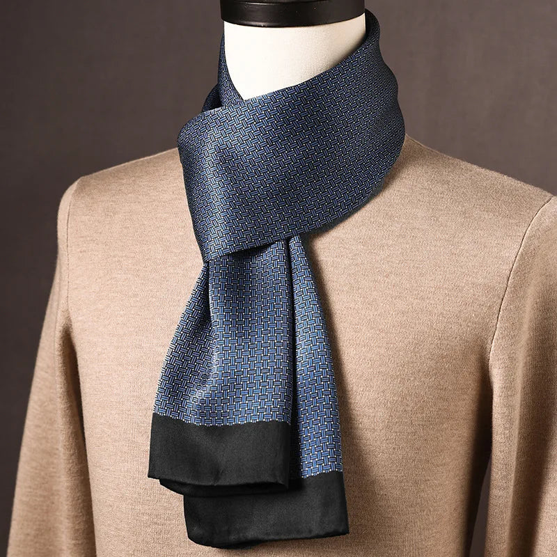 Men's blue silk scarf with a fine woven basket-weave pattern and a black border