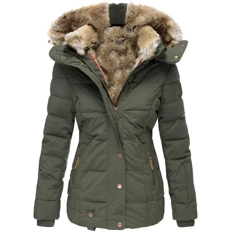 Olive green quilted parka with plush fur-lined hood, front view, snap placket and zippered pockets 1