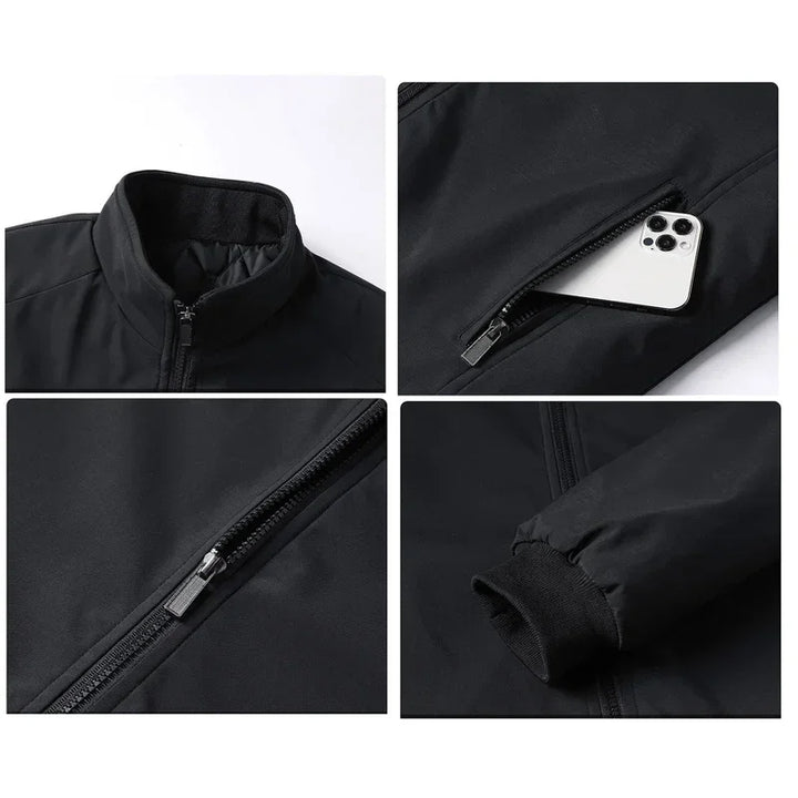 Four-panel collage of black jacket details: stand collar, phone slipping into a zippered pocket, front zipper pull, and ribbed cuff. 4