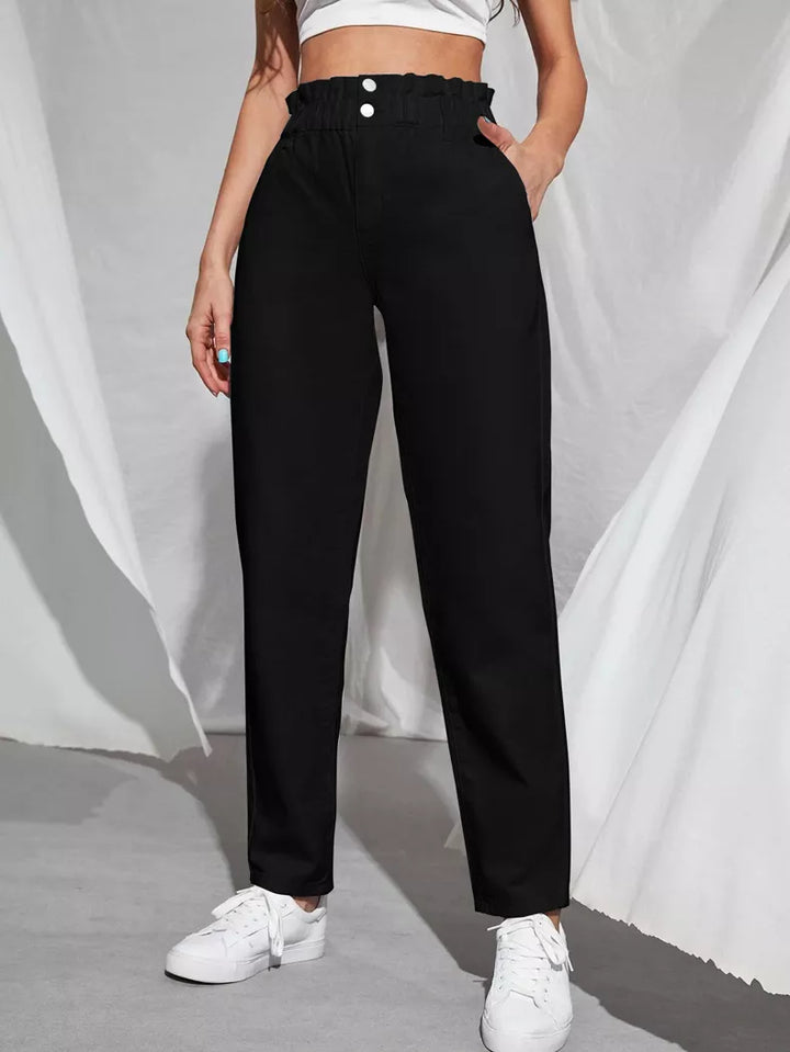 Damenhose schwarz, hohe Taille, elastischer Bund, lässig, Baumwolle, modisch, bequem.