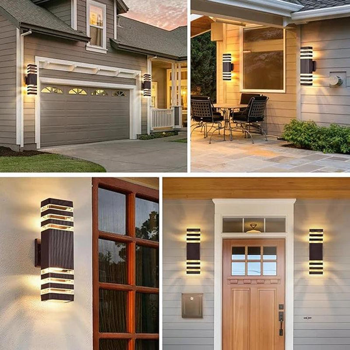 Black wall sconce another view in a collage showing outdoor wall lighting at a house.