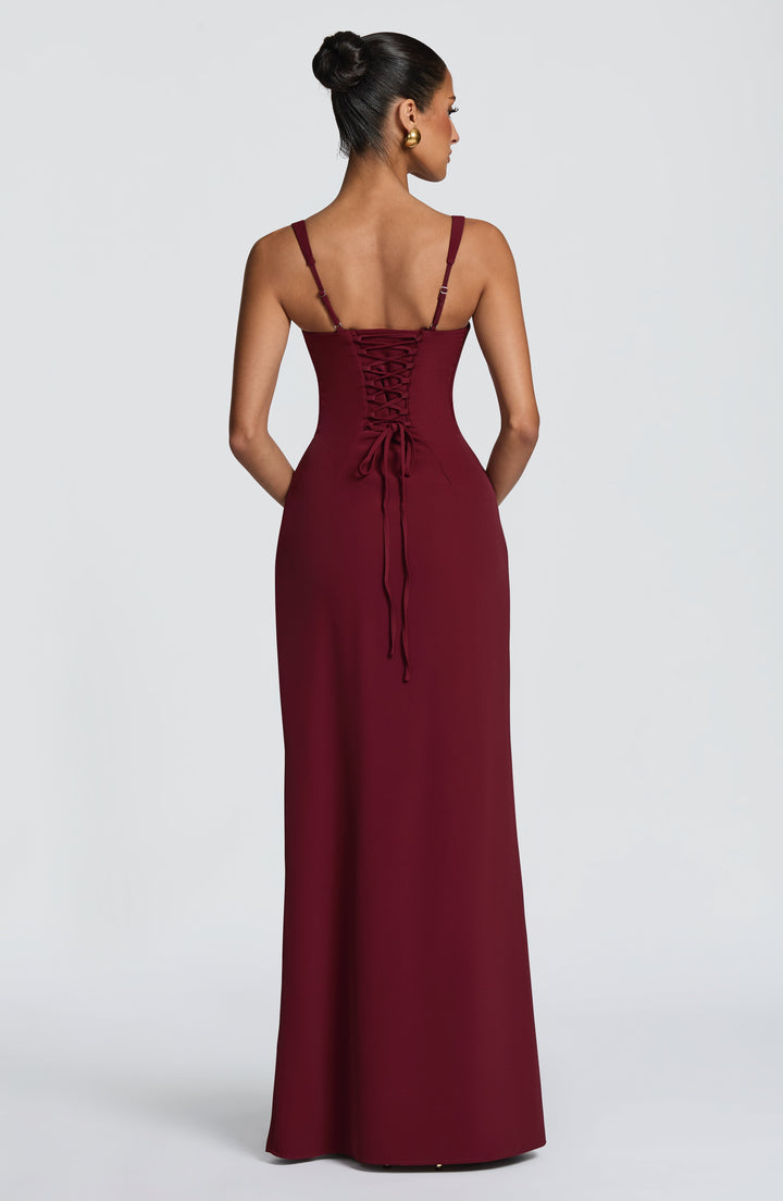 Burgundy Camille Maxi Dress back view with lace-up corset back and thin adjustable straps.