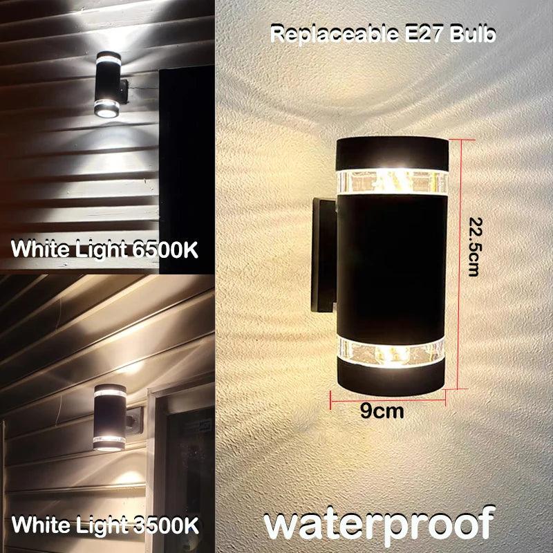 Short black cylindrical wall sconce detail with size markings and light examples.