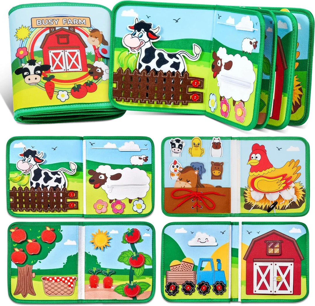 Farm felt book closed and open, with cow and fence buttons, sheep zipper, hen on nest, apple tree and barn with tractor.
