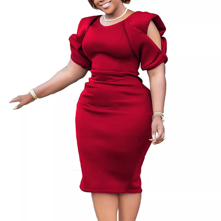 Rotes Damenkleid mit Puffärmeln, knielang, elegant, Abendmode, festlich, figurbetont.