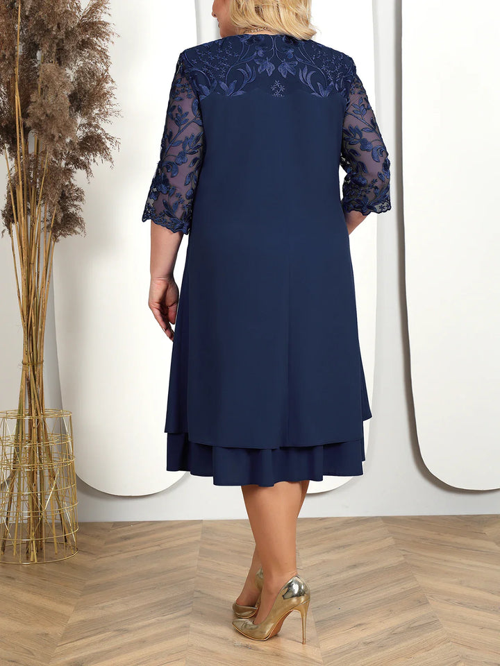 Damenkleid blau, Spitze, knielang, festlich, elegantes Design, Rückansicht, Plus Size Mode