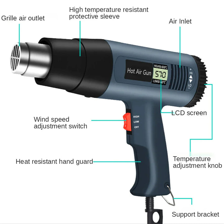 2000W Industrial Electric Heat Gun with Digital LCD Display Adjustable Temp – ProTherm