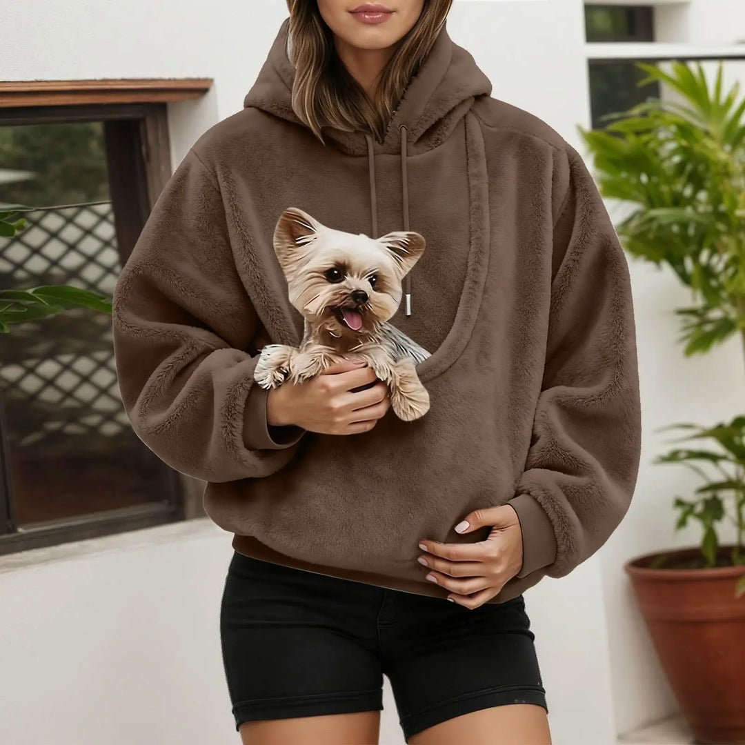 Brown plush hoodie with a built-in front pouch holding a small terrier