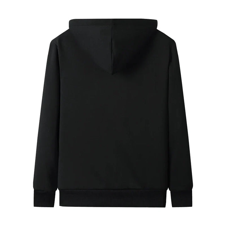 Schwarzer Kapuzenpullover aus Baumwolle, Rückansicht, Unisex, modisch, bequem, Freizeitkleidung.