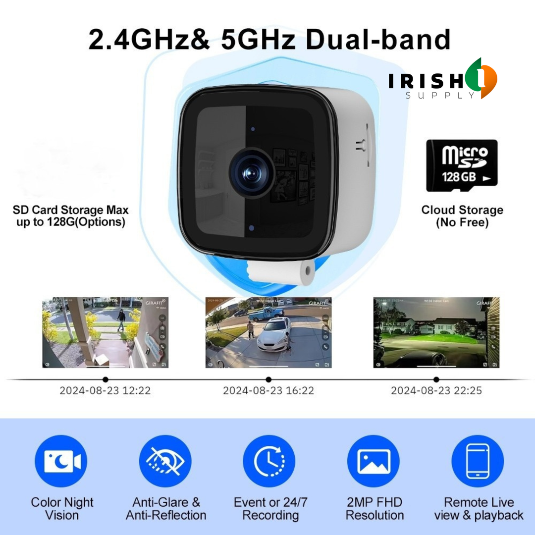 Security camera detail with feature icons, a microSD card, and sample footage screens.