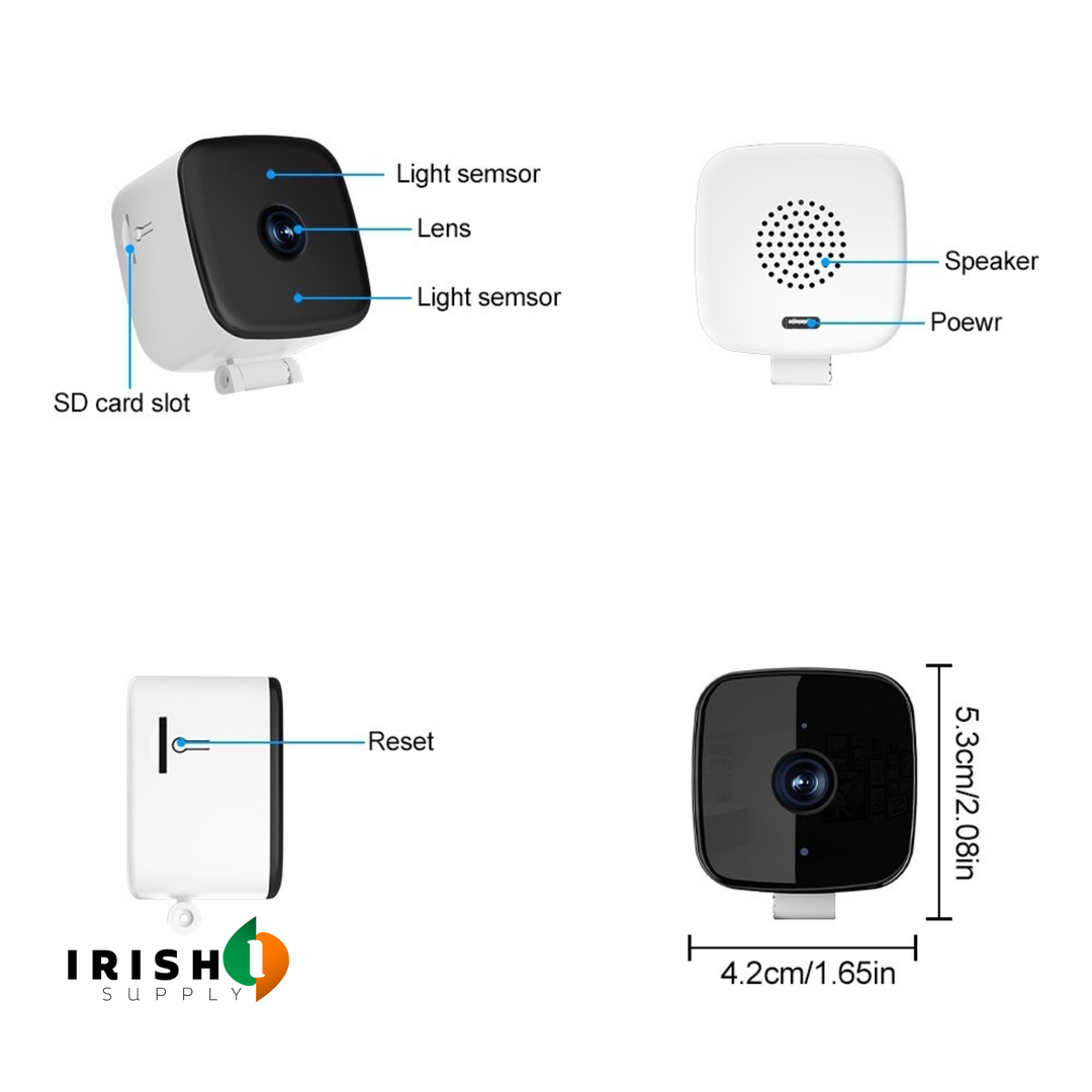 Security camera detail showing four angles and its dimensions.