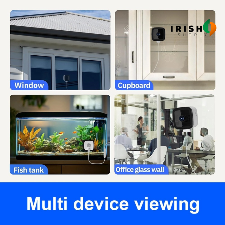 Security camera mounted on a window, glass cupboard, fish tank, and office glass wall.