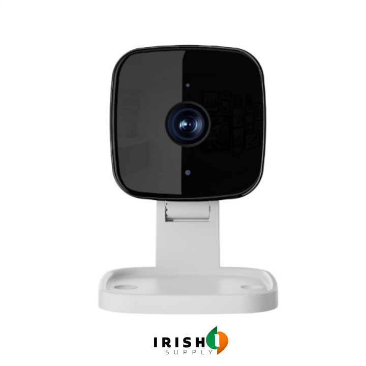 Black compact square security camera with a glossy face and white stand, front view.