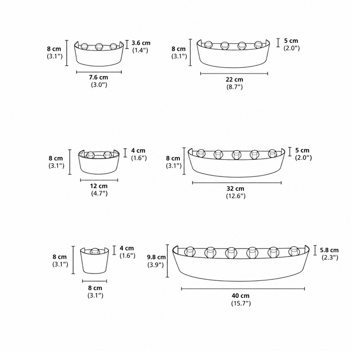 Line-drawing dimension diagram of six Skøle wall light sizes with lens positions