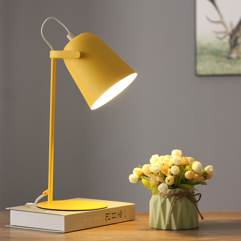 Yellow lamp lit on a book beside a vase of cream flowers, with a framed picture behind 7