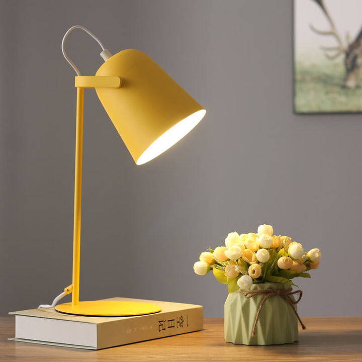 Yellow lamp lit on a book beside a vase of cream flowers, with a framed picture behind 7