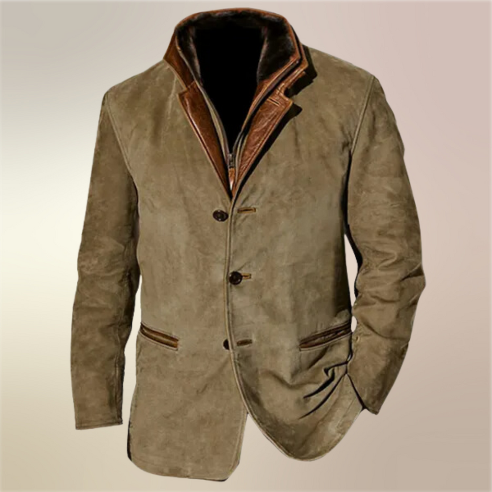 Front view of the olive suede jacket on a plain background, showing three buttons, brown leather collar facing, dark lining and trimmed pockets. 2